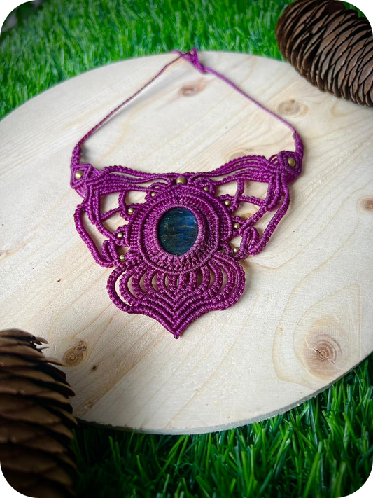 Labradorite Macrame Choker- Purple thread necklace with grey blue stone, Brass Choker, Elegant & minimalist hippy jewelry