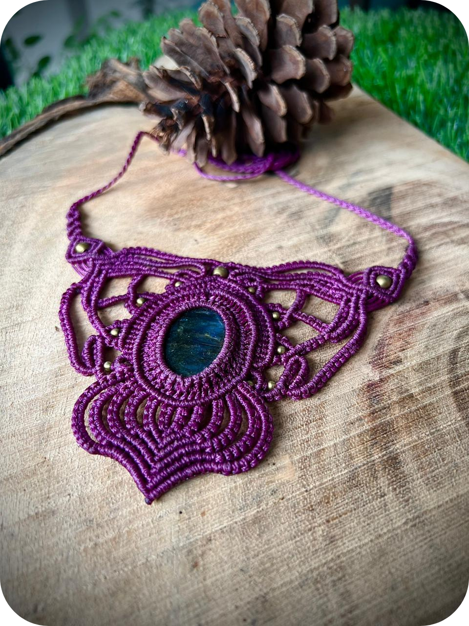 Labradorite Macrame Choker- Purple thread necklace with grey blue stone, Brass Choker, Elegant & minimalist hippy jewelry