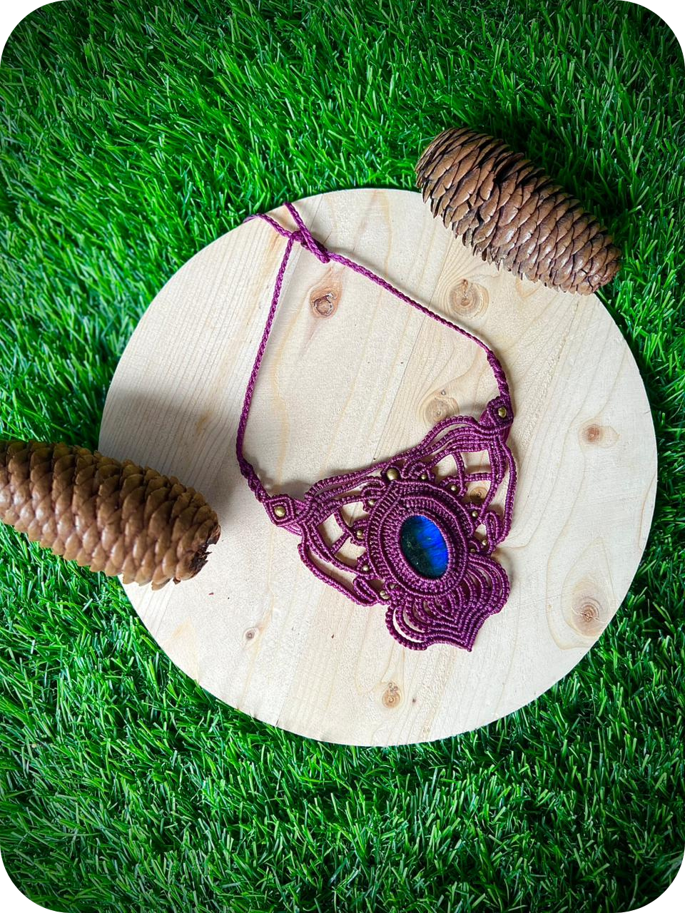 Labradorite Macrame Choker- Purple thread necklace with grey blue stone, Brass Choker, Elegant & minimalist hippy jewelry