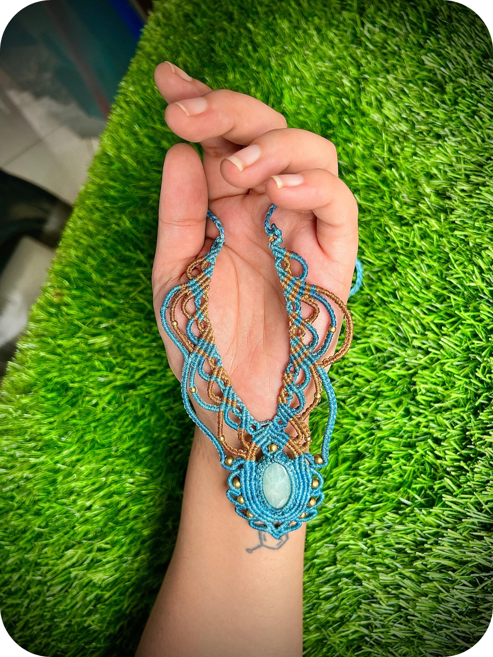 Blue Aquamarine macrame necklace, blue stone macrame choker, March Birthstone jewelry gift, calming stones handmade jewelry