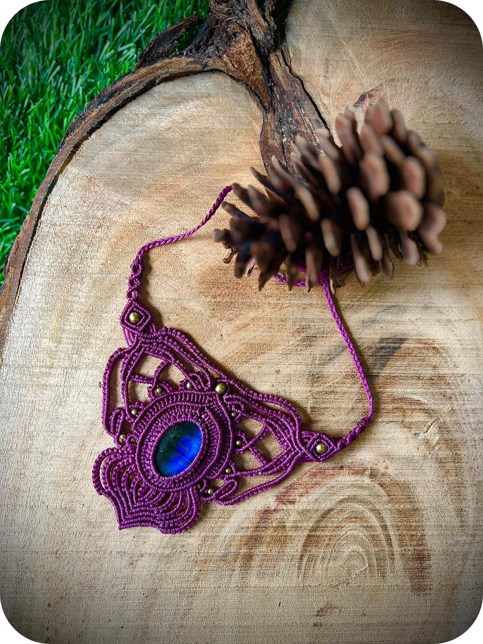 Labradorite Macrame Choker- Purple thread necklace with grey blue stone, Brass Choker, Elegant & minimalist hippy jewelry