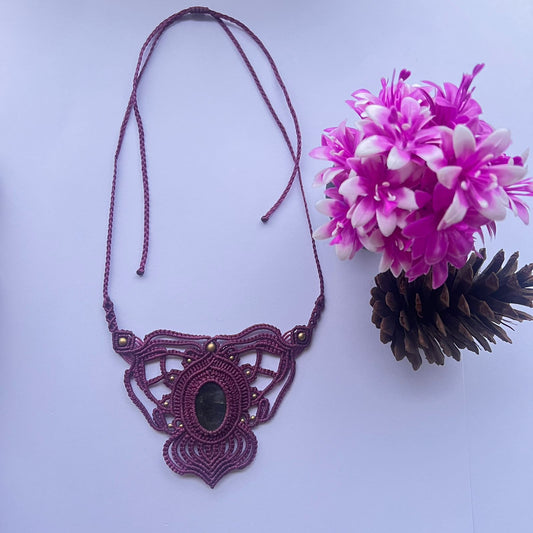 Labradorite Macrame Choker- Purple thread necklace with grey blue stone, Brass Choker, Elegant & minimalist hippy jewelry